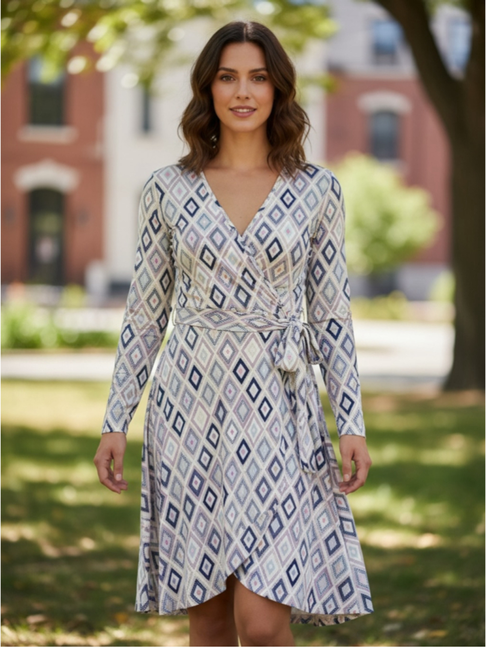Women's Jean-Pierre Klifa Long Sleeve Wrap Dress, Size M, White/Blue/Lavend/Pink